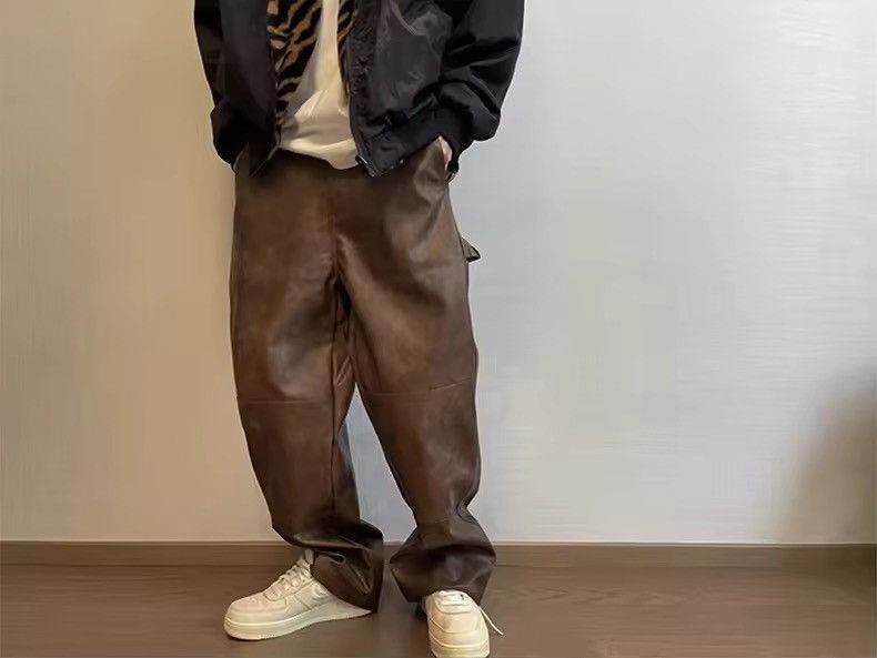 Leather Washed Brown Soft Pu Leather Pant Size US 34 / EU 50 - 2 Thumbnail