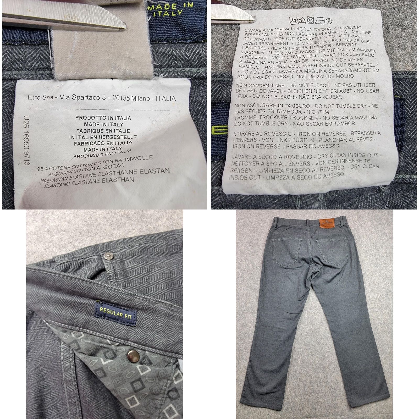 Etro ETRO Jeans Mens 30 Gray Regular Denim Herringbone Twill Stretch Zip Fly Five-Pocket Made in Italy Regular Fit Mens Fashionwear Size US 30 / EU 46 - 8 Thumbnail