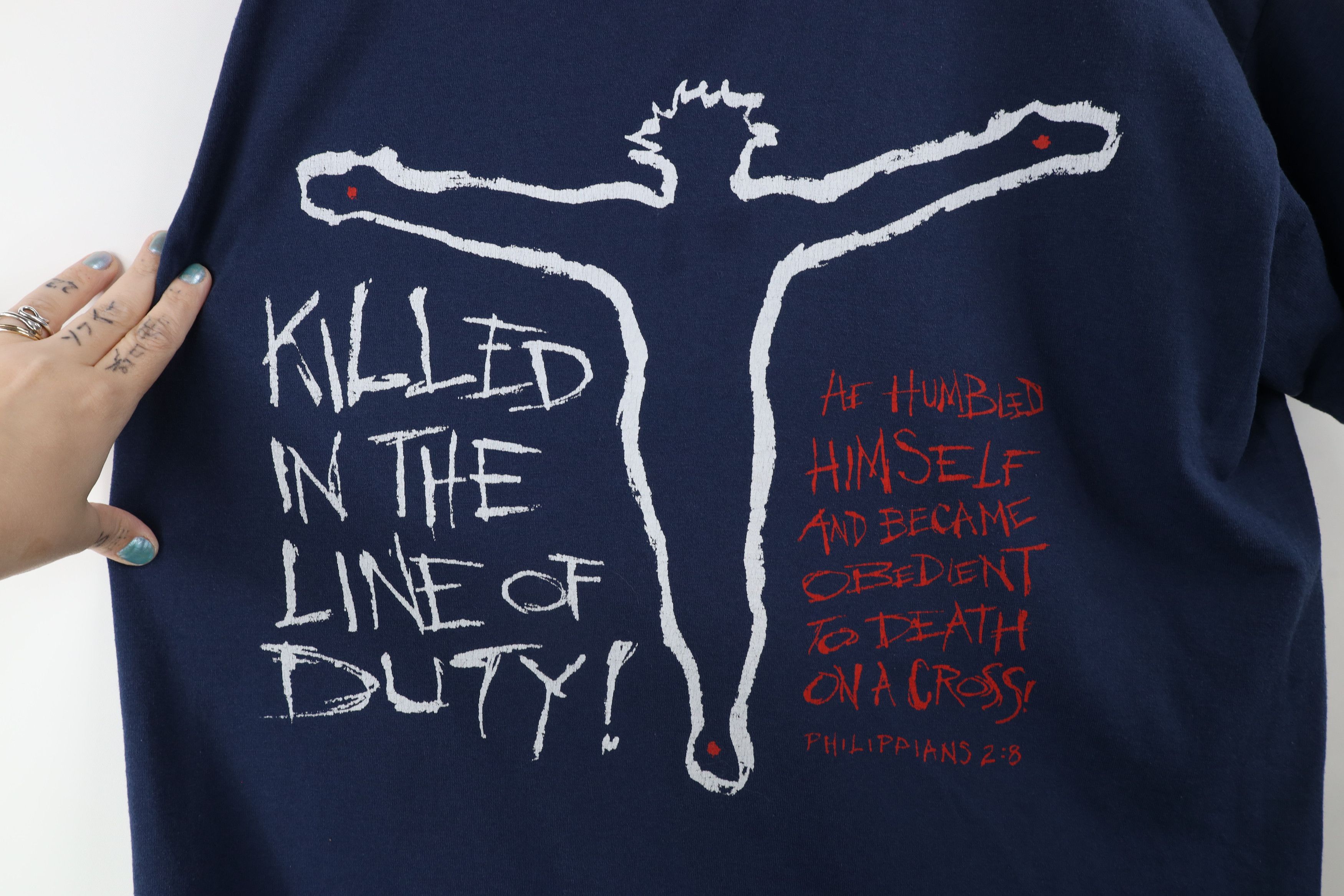 Vintage Vintage 90s Jesus Killed In the Line of Duty T-Shirt Size US L / EU 52-54 / 3 - 6 Thumbnail