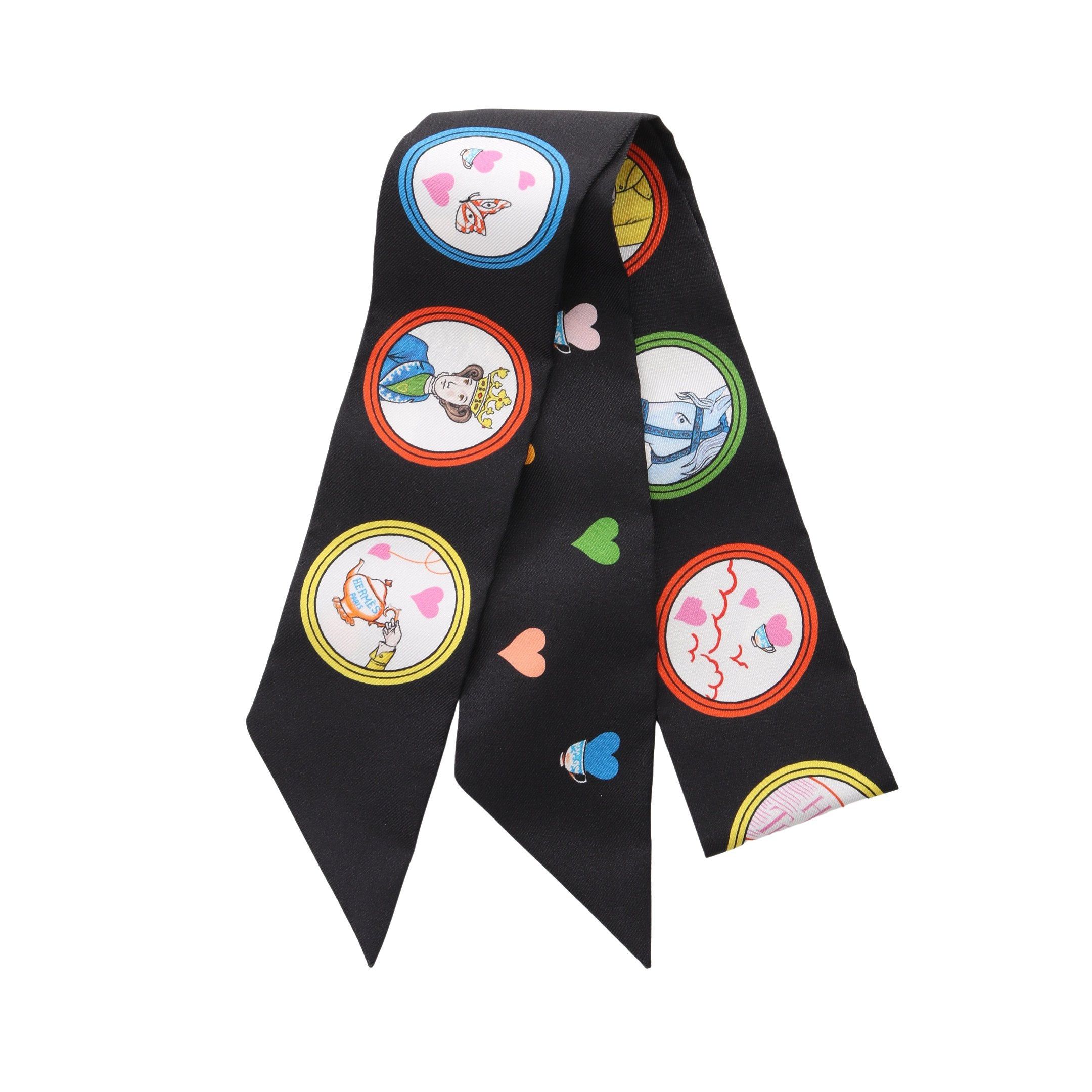 Hermes Twilly Tea Time Ribbon Scarf Silk Black Multicolor