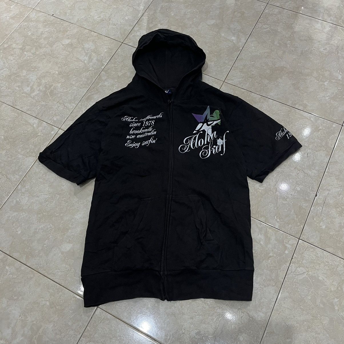 Aloha Surf Board Short Sleeve Hoodie Zipper 70's