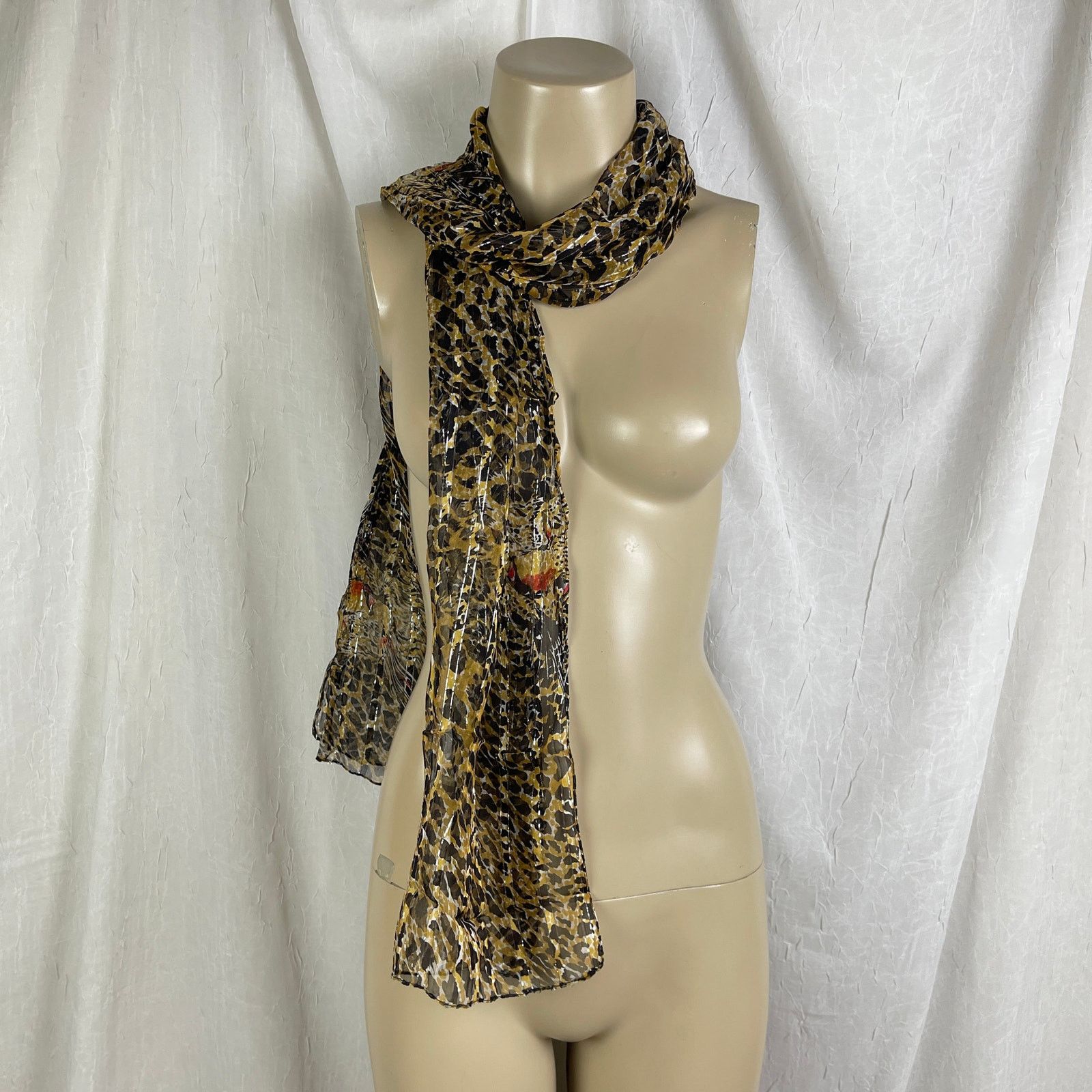 Vintage VTG Leopard Print Sheer Scarf Striped Silver Brown Black Red Size ONE SIZE - 5 Thumbnail