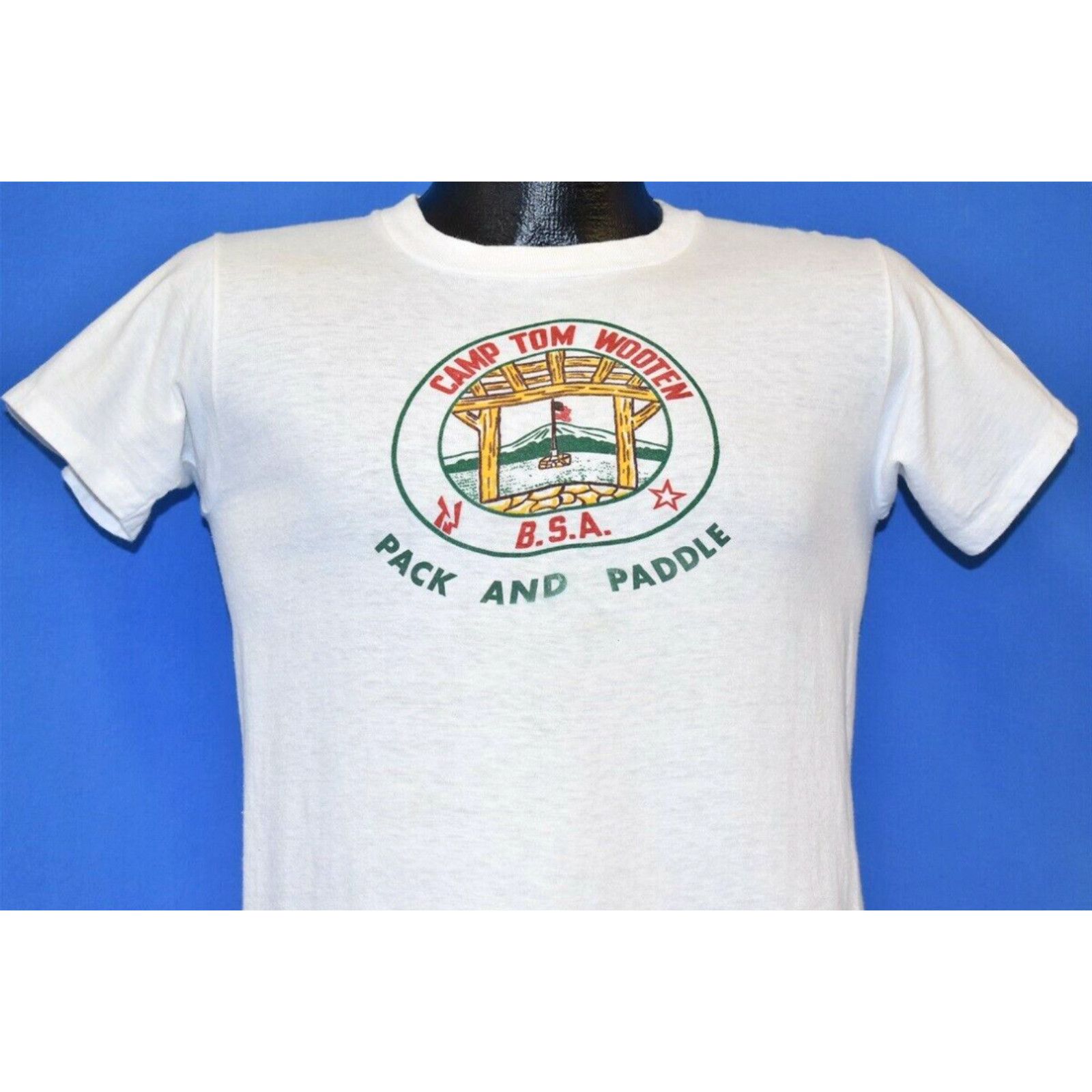 Image of Vintage 50S Camp Tom Wooten Bsa Pack Paddle Boy Scouts Texas T-Shirt Youth XL in White, Men's