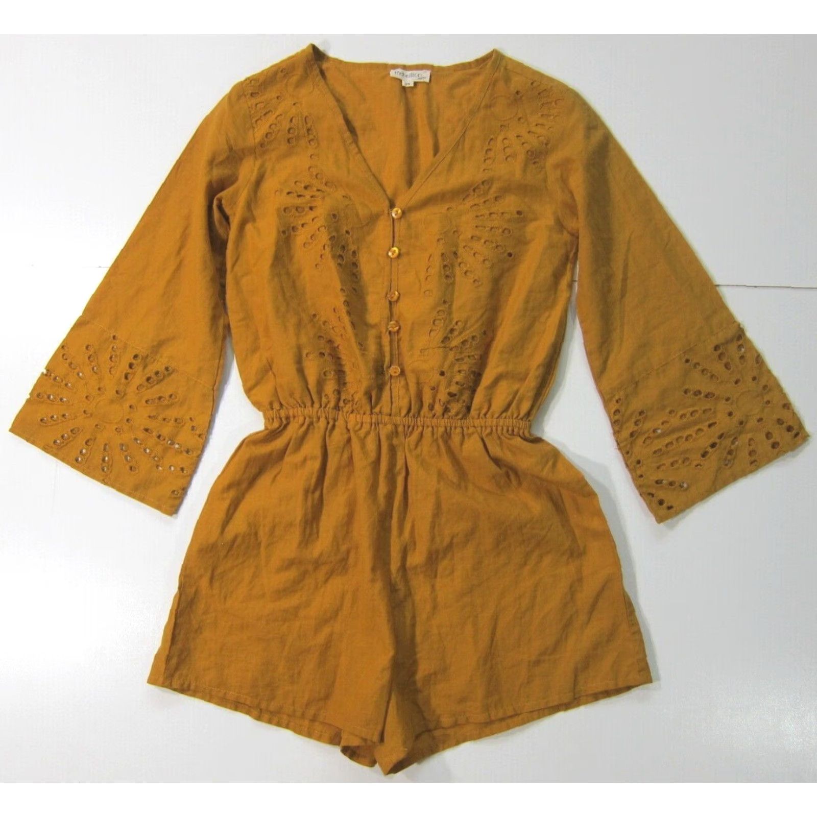 Vintage Rebellion Again Romper Shorts XS 100% Cotton Orange Yellow Embroidered Women One-Piece Size XS / US 0-2 / IT 36-38 - 2 Thumbnail
