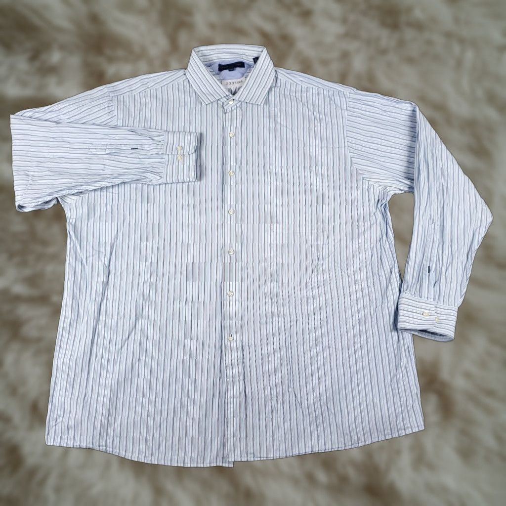 Tommy Hilfiger Tommy Hilfiger Dress Shirt Mens 18 Blue Striped Button Down Long Sleeve Classic Preppy Size 48R - 1 Thumbnail