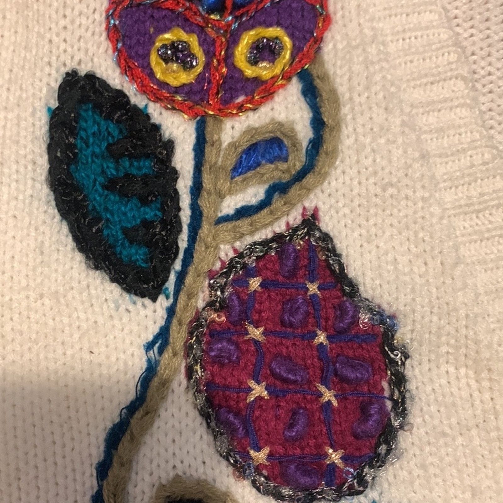 Vintage 80’s embroidered crewel botannical motifs white cardigan Size L / US 10 / IT 46 - 11 Thumbnail