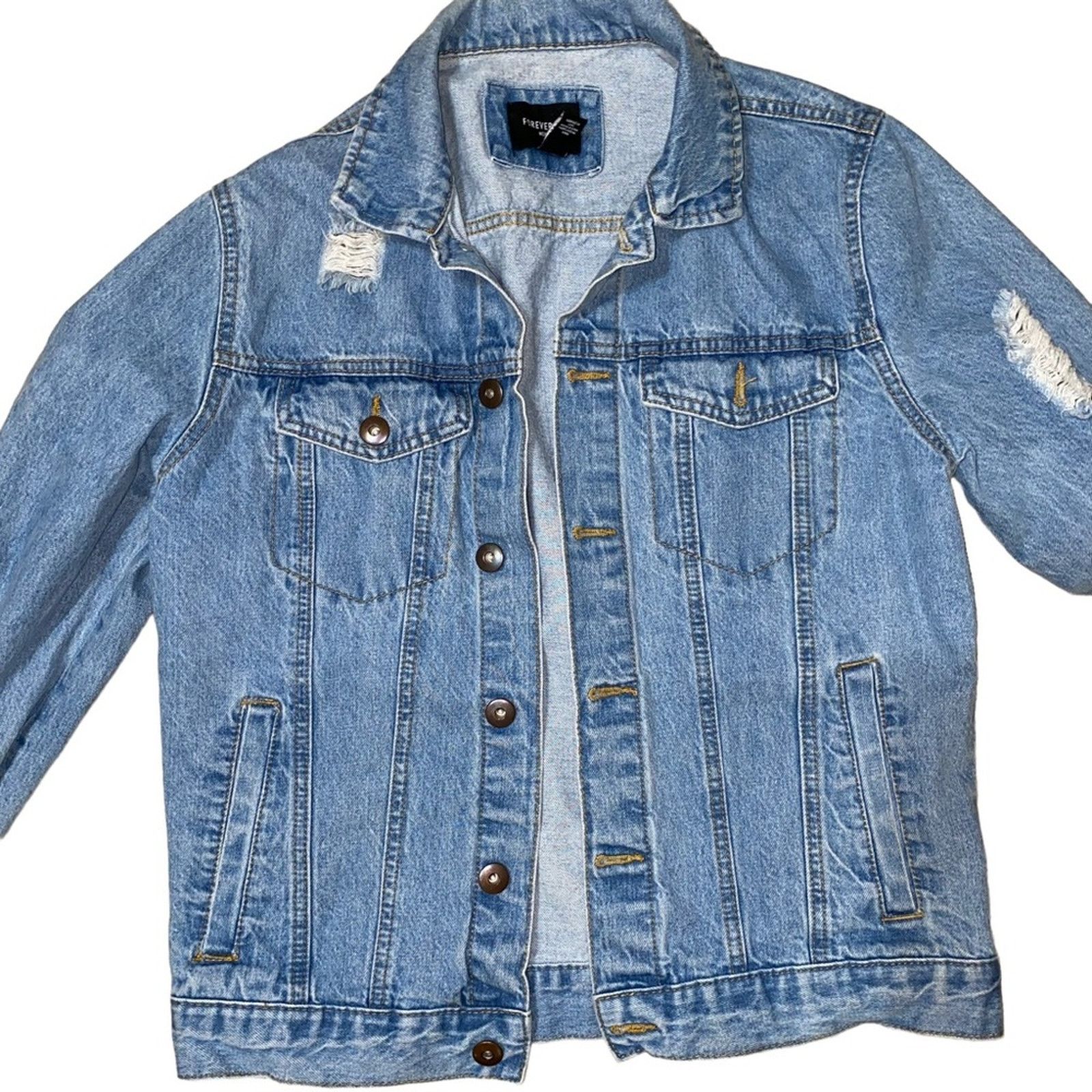 Forever 21 Forever 21 Men Lightwash Distressed Denim Jean Jacket small Size US S / EU 44-46 / 1 - 4 Thumbnail
