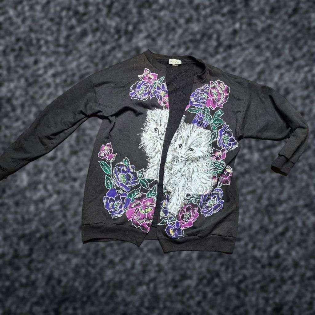 Vintage VINTAGE Tee Dee's Cardigan Sweatshirt Black Glitter Graphic Cat Print L Large Women Sparkly 80s Size L / US 10 / IT 46 - 1 Thumbnail