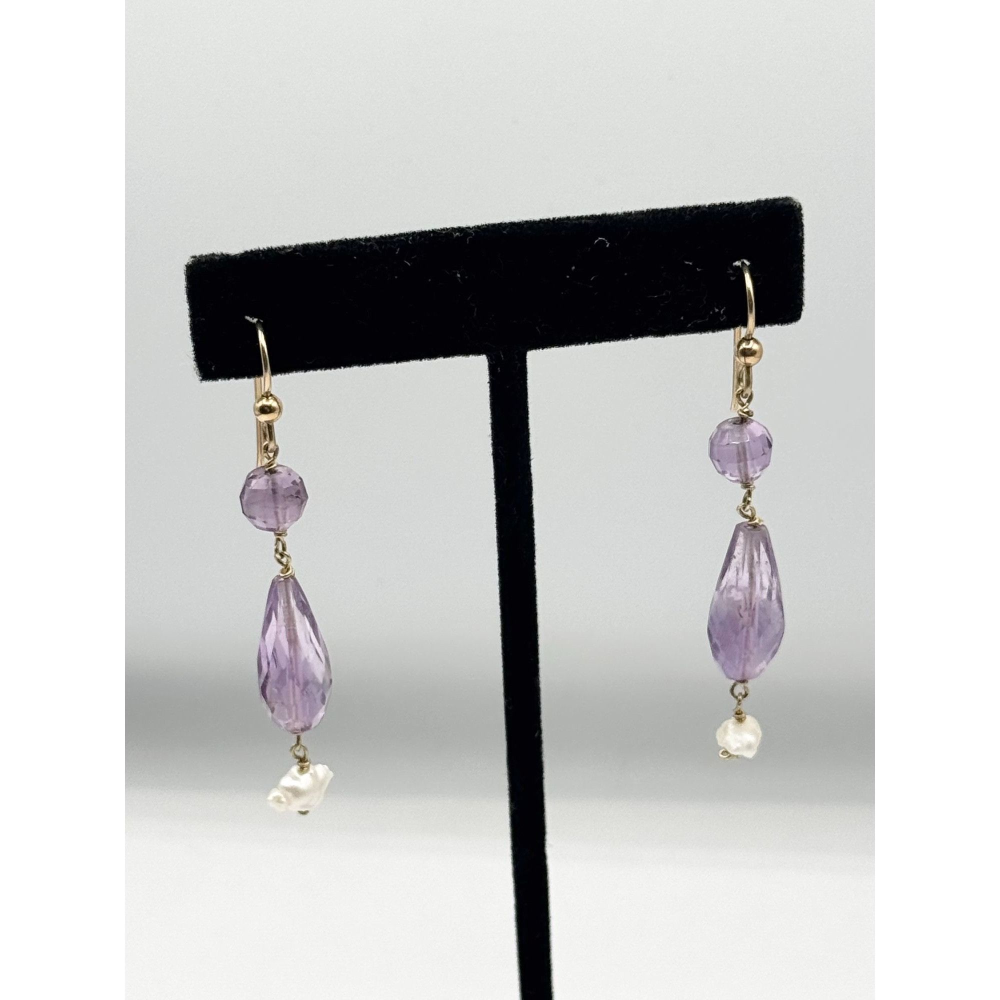 Vintage Purple Topaz Stone Freshwater Pearl Drop Dangle Earrings Size ONE SIZE - 2 Thumbnail