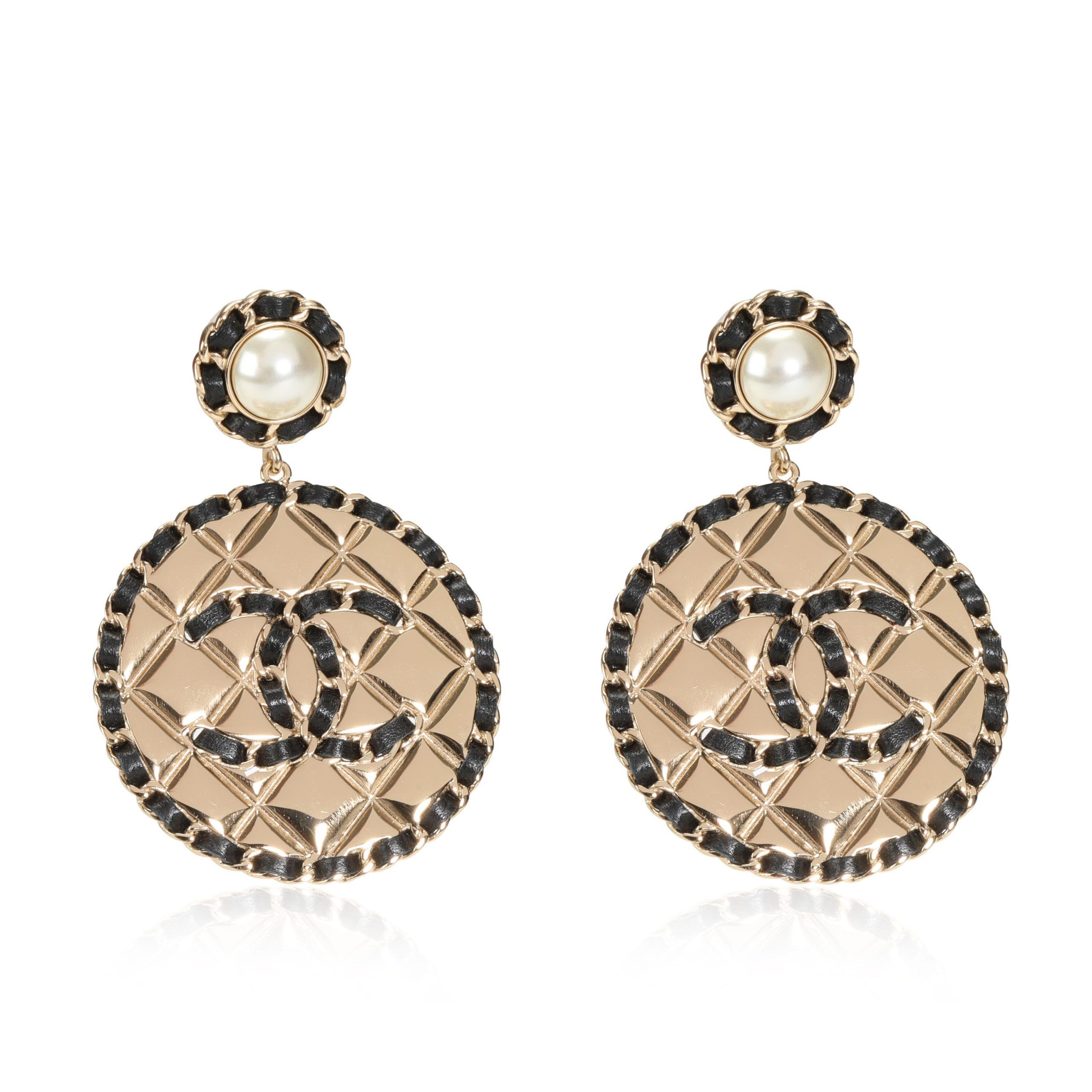 image of Chanel Quilted Earrings, Pearl Tops, Black Silk Ribbon Detail in Gold, Women's