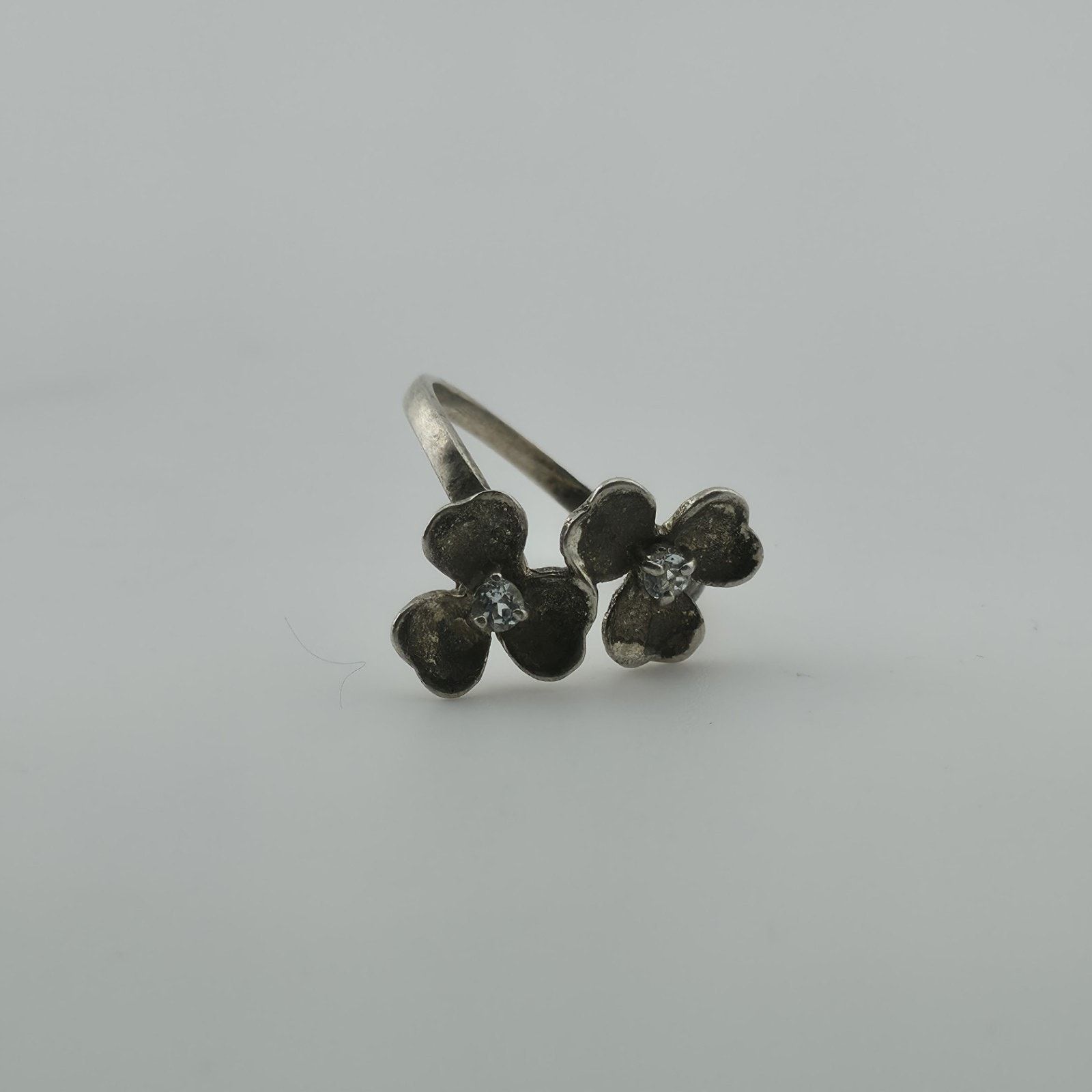 Other Sterling Silver Flower Ring Clear Stone Double Blossom 5.5 Size ONE SIZE - 2 Thumbnail