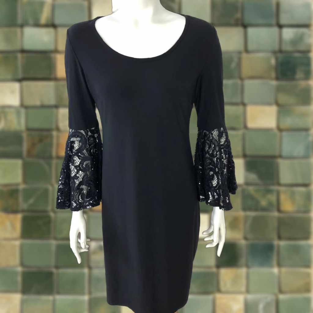 Vintage RM Richards 6 Lace Sequin Bell Sleeve Women's Boat Neck Above Knee Dress Black Size M / US 6-8 / IT 42-44 - 1 Thumbnail