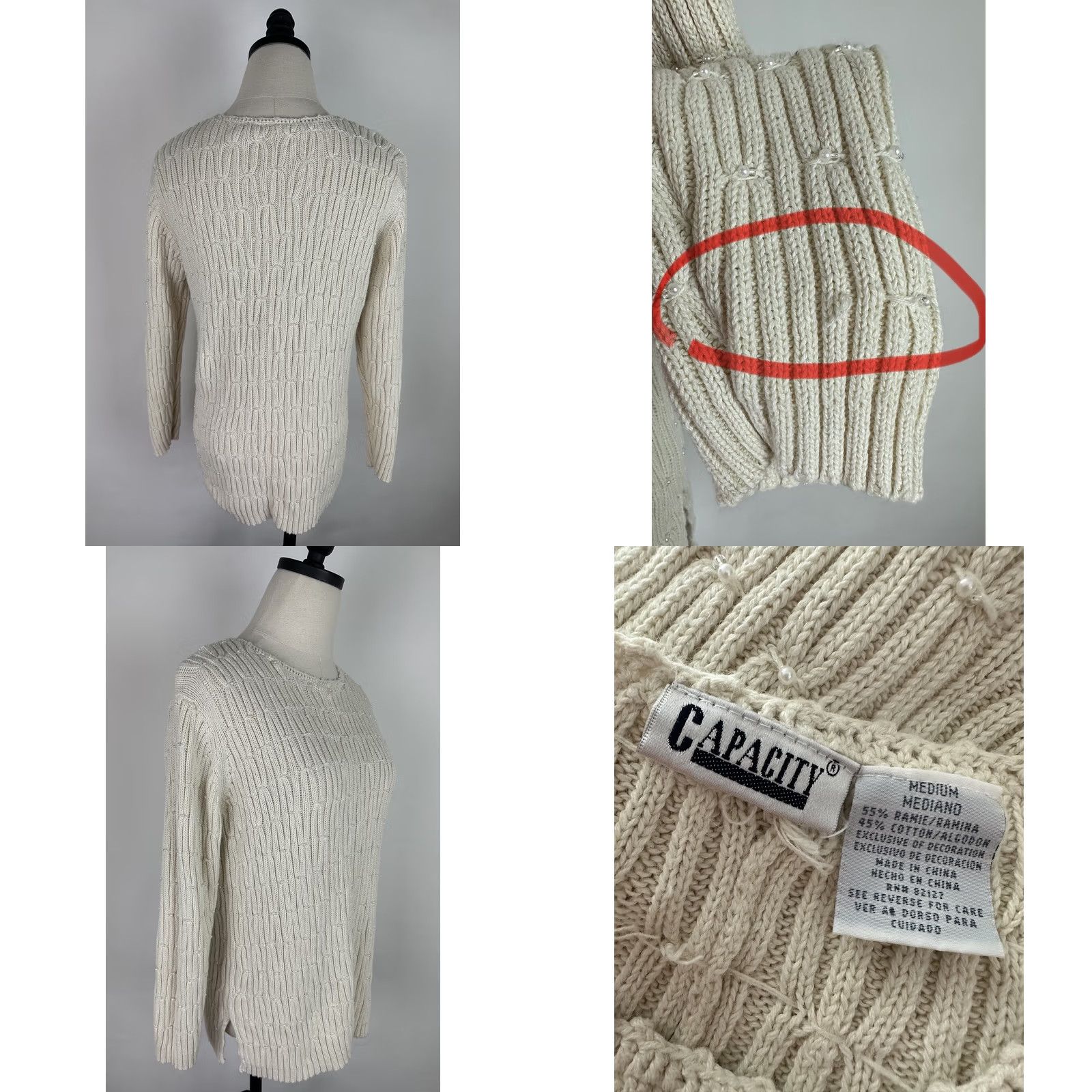 Vintage VINTAGE Capacity Ivory Cotton Beaded Pullover Sweater Womens Small 90s Bohemian Retro Knit - Womens Size S / US 4 / IT 40 - 8 Thumbnail