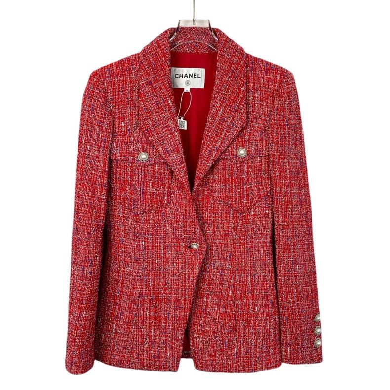 Chanel ChanelRed pearl buckle cotton lapel long-sleeved tweed wove Size XXS / US 00 / IT 34 - 1 Thumbnail