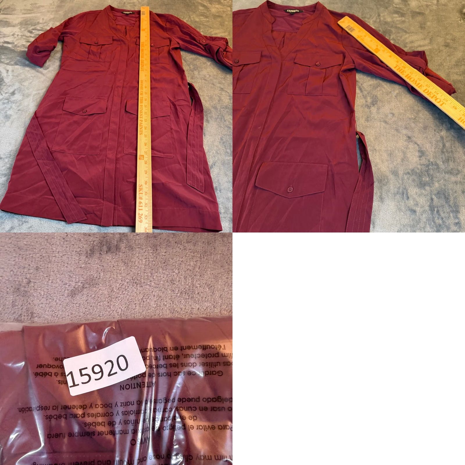 Express VINTAGE Express Burgundy Utility Style Button Front Dress Women's XS Long Sleeve Belted Size XS / US 0-2 / IT 36-38 - 8 Thumbnail