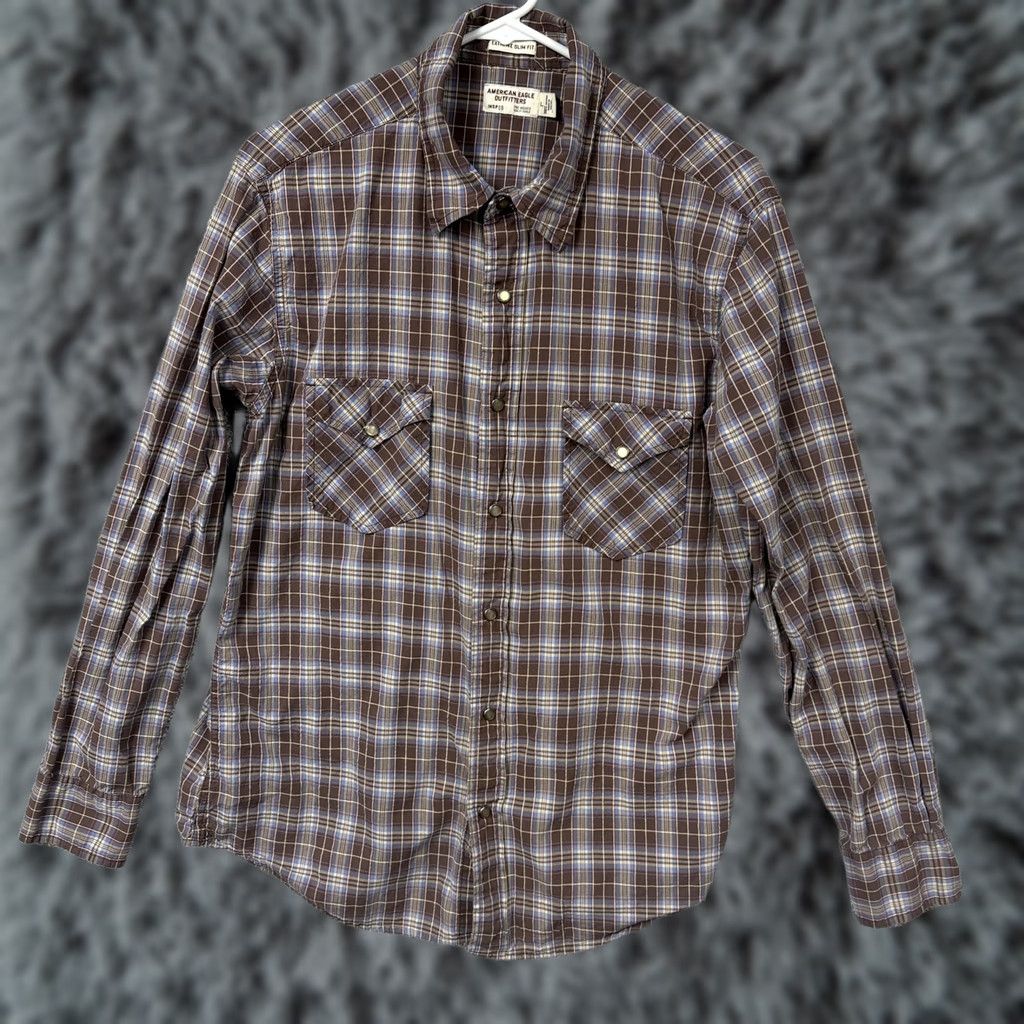 American Eagle Outfitters American Eagle Outfitters Shirt Mens L Plaid Button-Up Western Cotton Extreme Slim Fit Brown Size US L / EU 52-54 / 3 - 1 Thumbnail