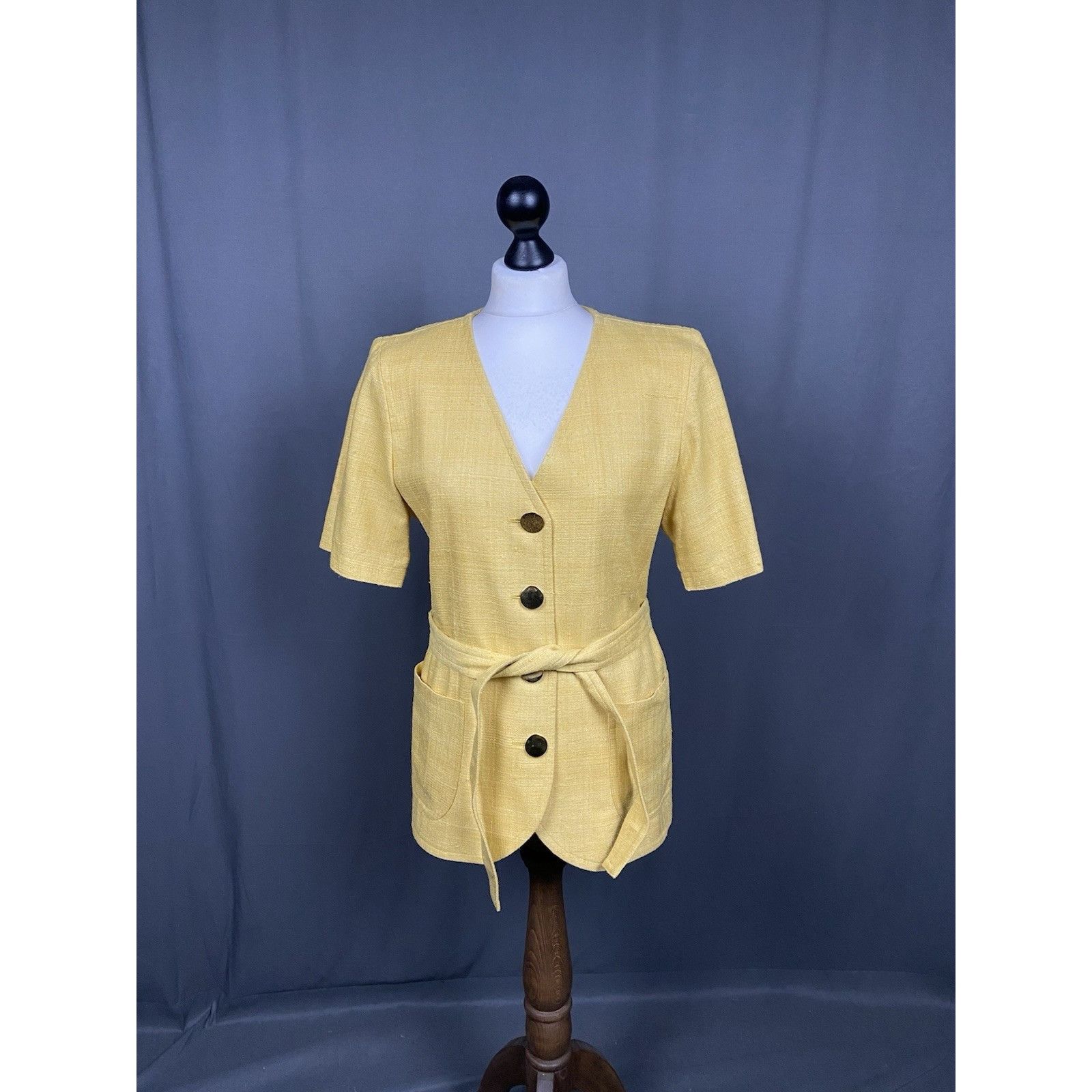 Yves Saint Laurent YSL Variation Women's Yellow Silk Short Sleeve Blazer Jacket Size L / US 10 / IT 46 - 3 Thumbnail