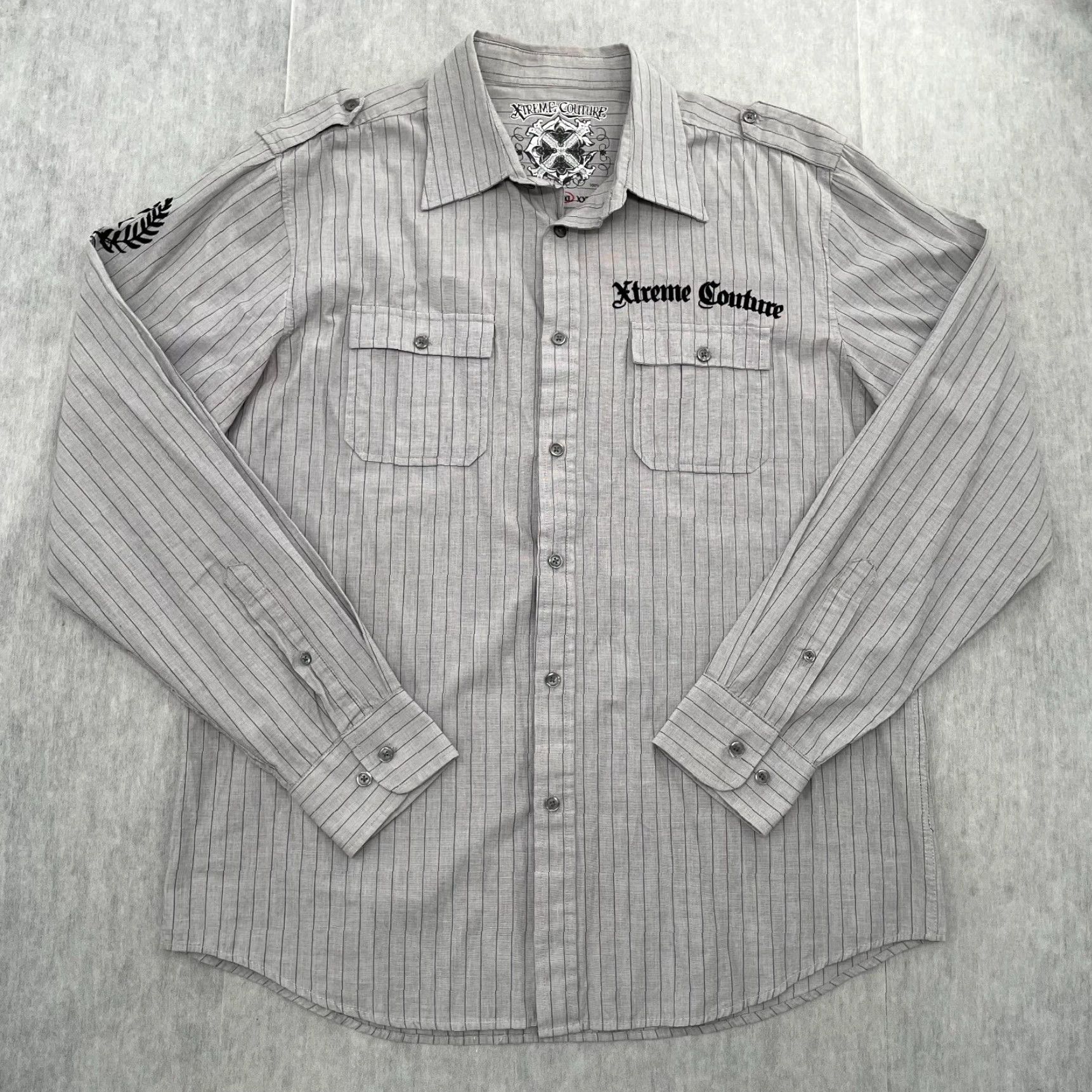Vintage VINTAGE Xtreme Couture Shirt Adult XL Gray Striped Button-Up Angel Wings MMA Mens Size US XL / EU 56 / 4 - 2 Thumbnail