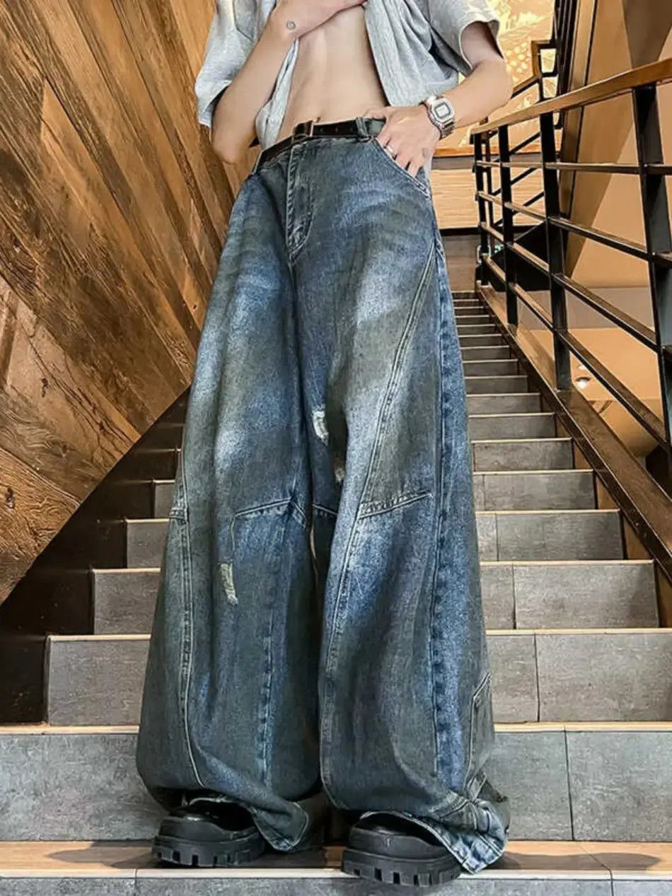 Japanese Brand Retro washed straight leg distressed jeans Size US 32 / EU 48 - 2 Thumbnail