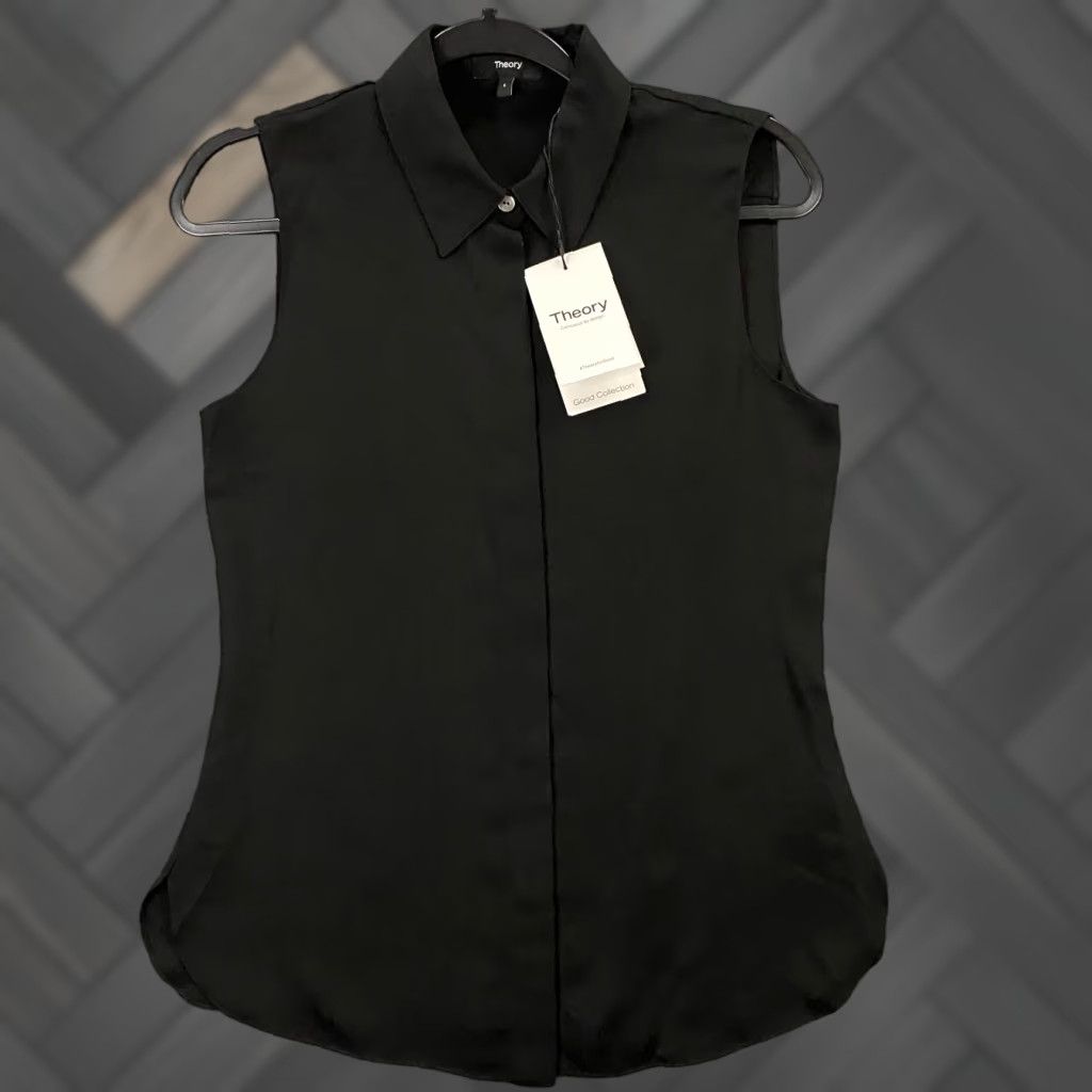 Theory Blouse Womens Small Sleeveless Button Up Collared Silk Black Office Casual Business