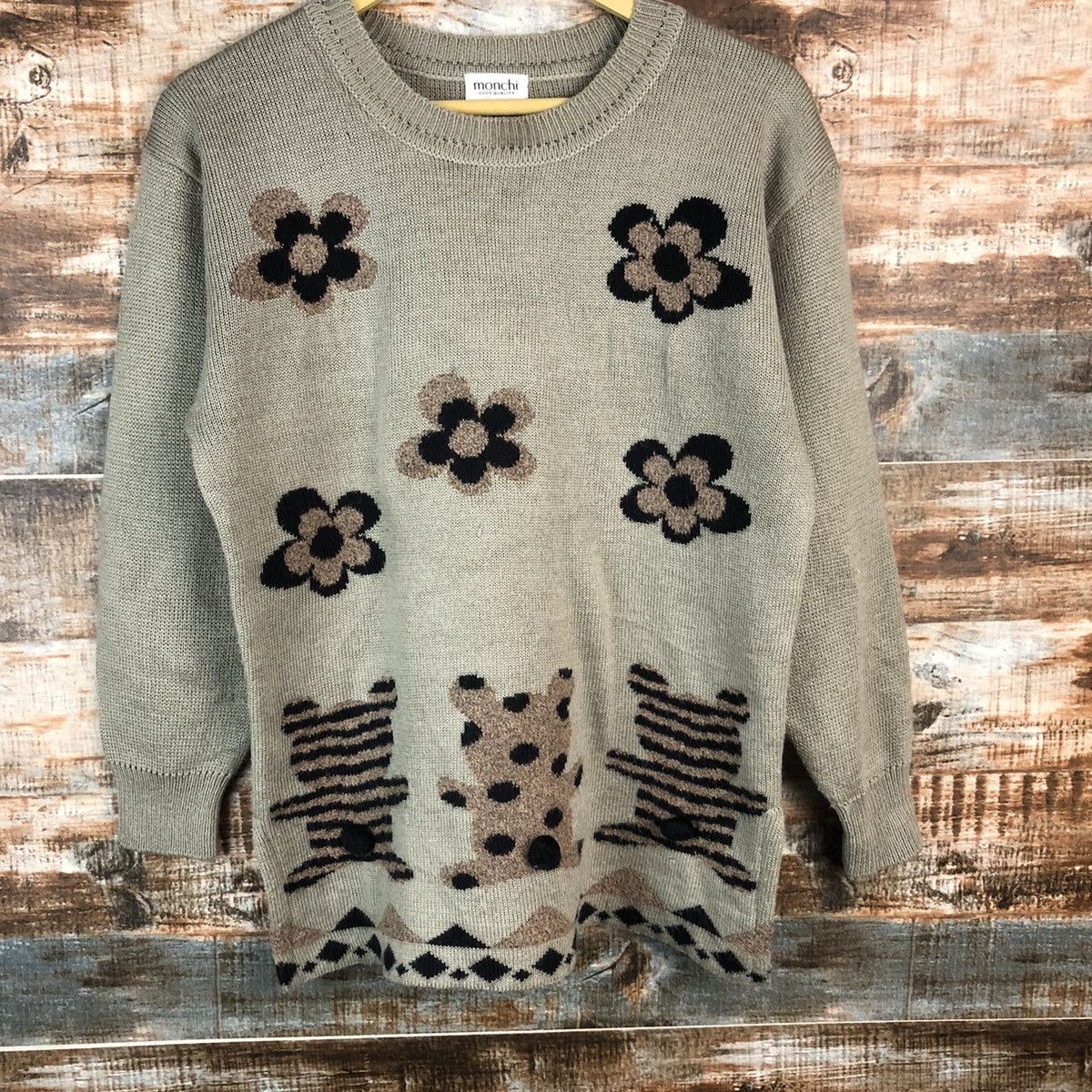 Aran Isles Knitwear × Japanese Brand Mochi Knit Sweaters Flower And Bear Gray #973 Size M / US 6-8 / IT 42-44 - 3 Thumbnail