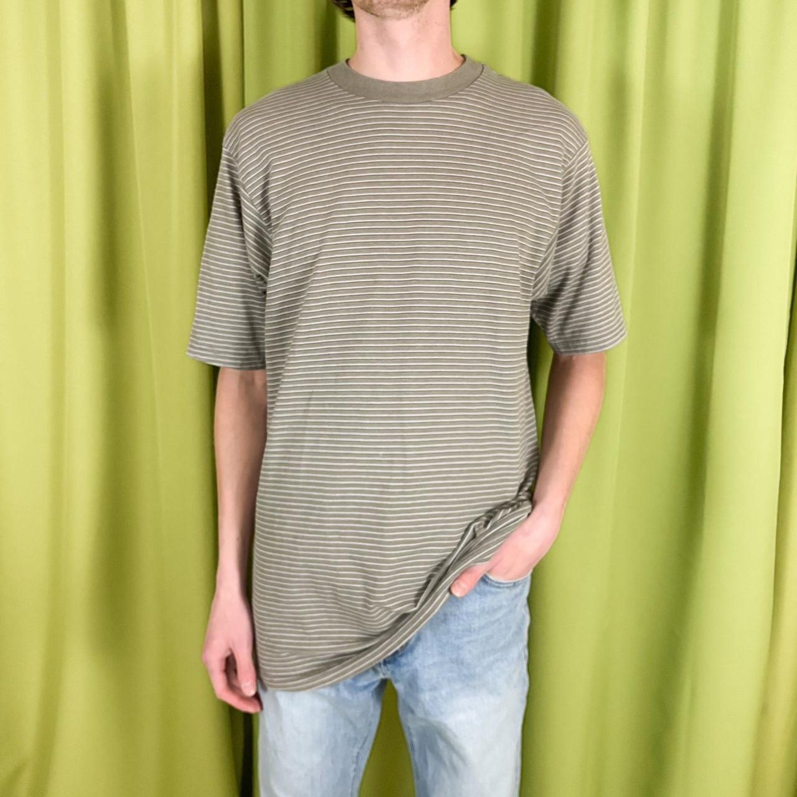 Puritan 90s Vintage Beige-Grey White Striped Short Sleeve T-Shirt Size US M / EU 48-50 / 2 - 1 Thumbnail