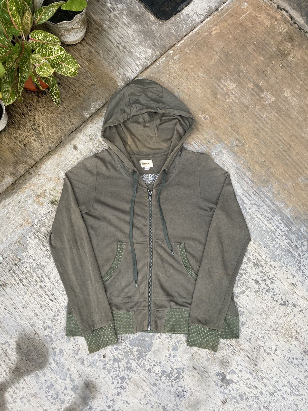 image of Vintage Diesel Sun Faded Olive Green Hoodies, Men's (Size XS)