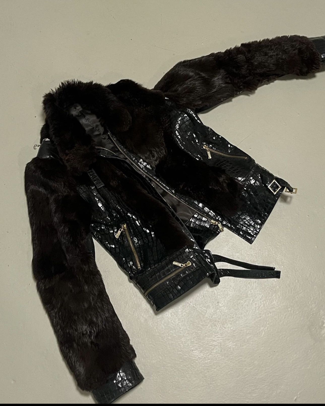 image of Vintage Real Leather And Real Fur Jacket in Black, Women's (Size Small)