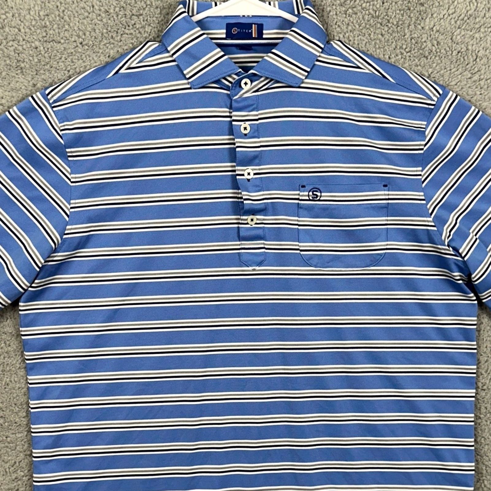 Vintage Stitch Golf Polo Shirt Mens Medium Blue Striped Rugby Stretch Short Sleeve Pocket Shirt Size US M / EU 48-50 / 2 - 2 Thumbnail