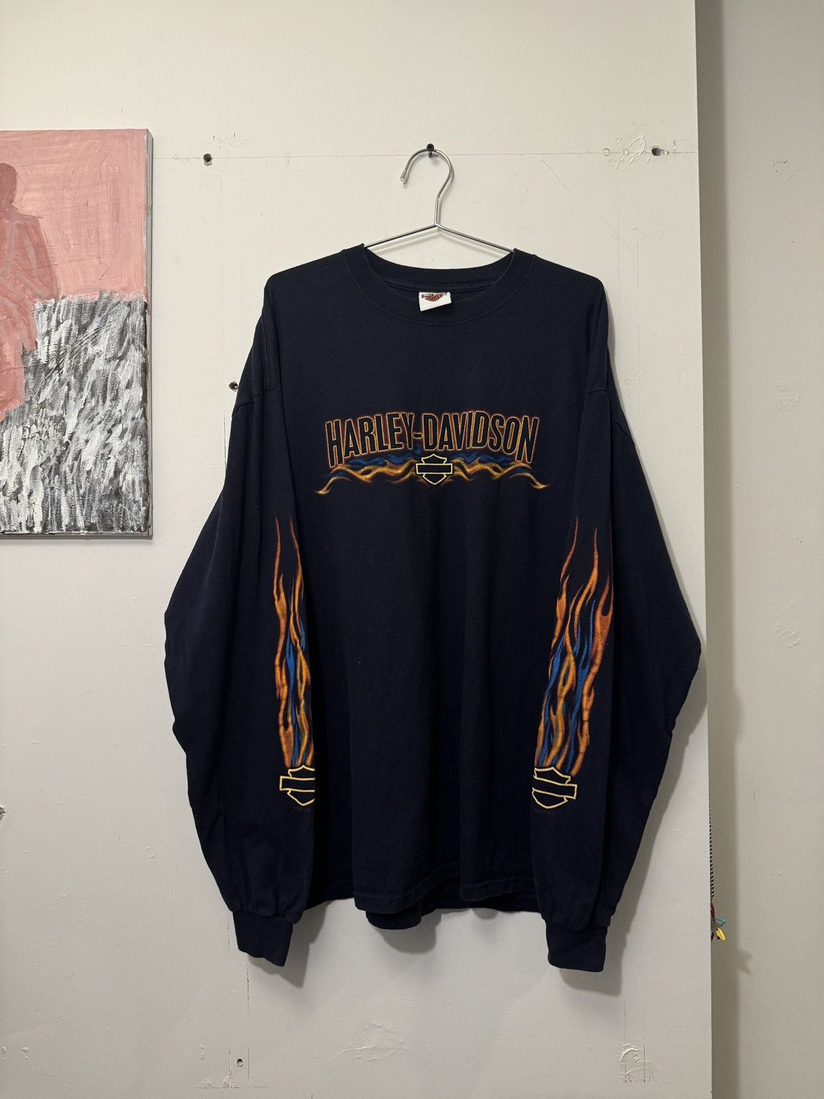 image of Harley Davidson x Vintage Y2K Harley Flame Logo Longsleeve Baggy Navy Blue 2Xl, Men's