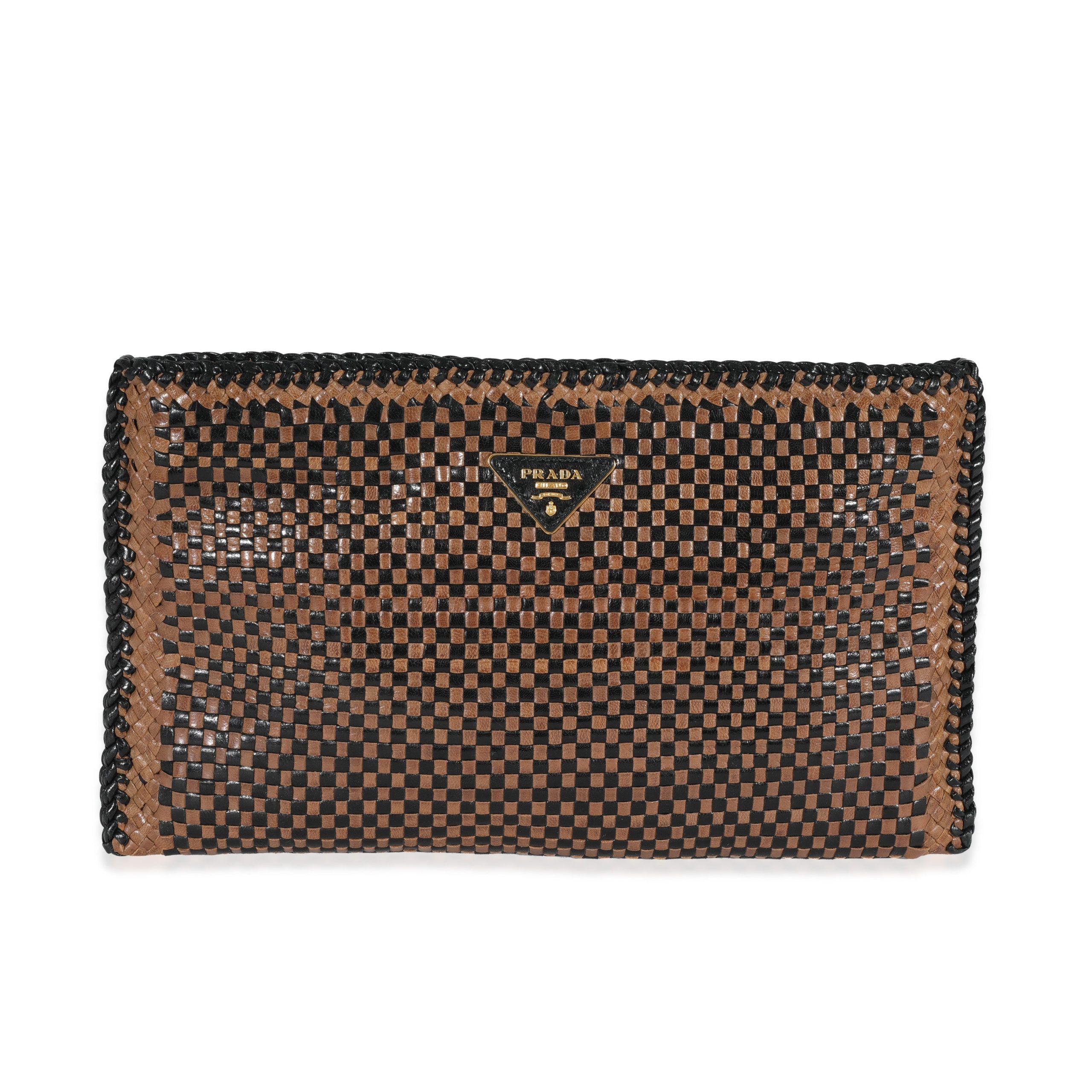 image of Prada Black Brown Woven Leather Madras Clutch, Women's