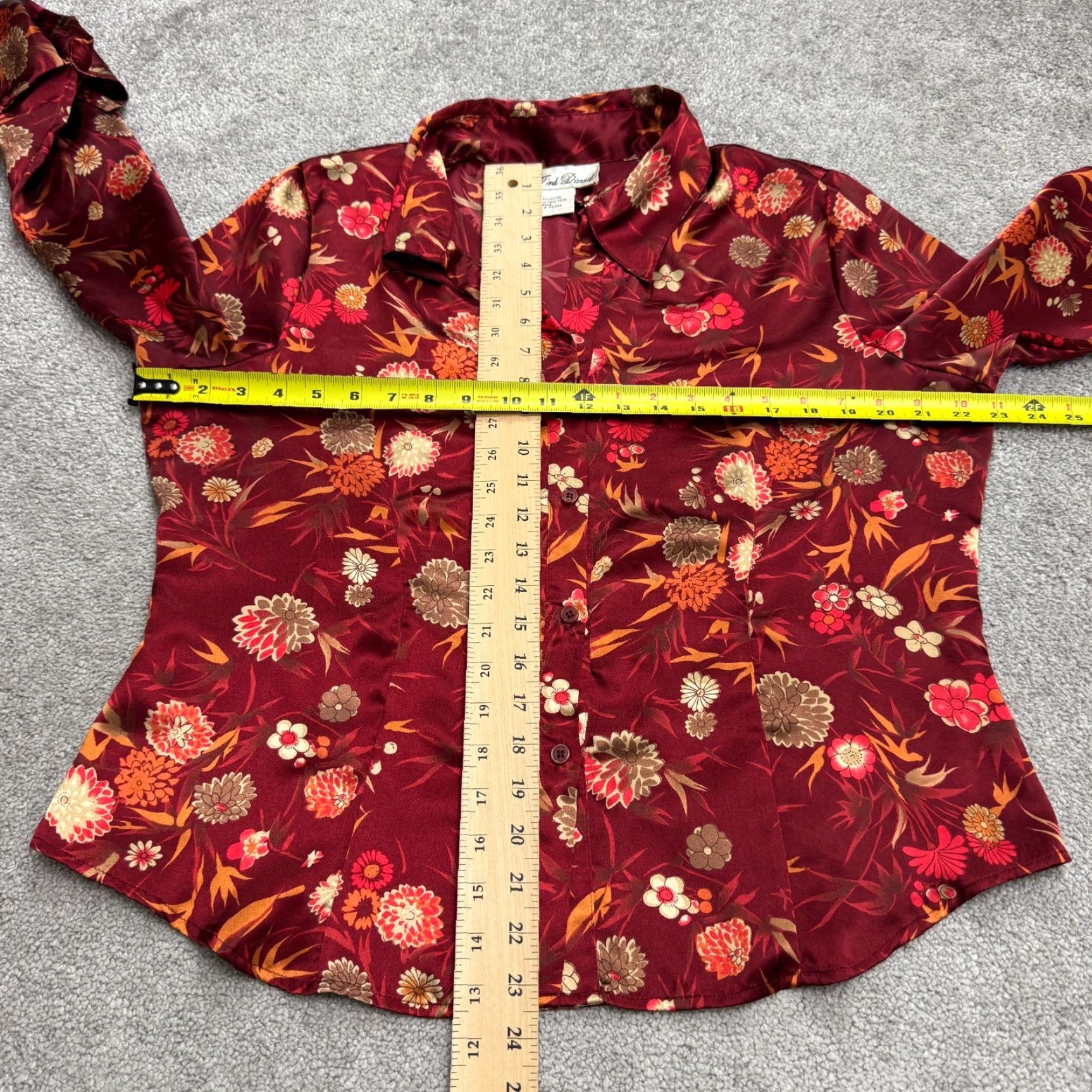 FRED VINTAGE Fred David Blouse Shirt Women XL Burgundy Red Floral Satin Button Down Top 90s Christmas Retro Floral Long Sleeve Ladies Regular Size XL / US 12-14 / IT 48-50 - 7 Thumbnail