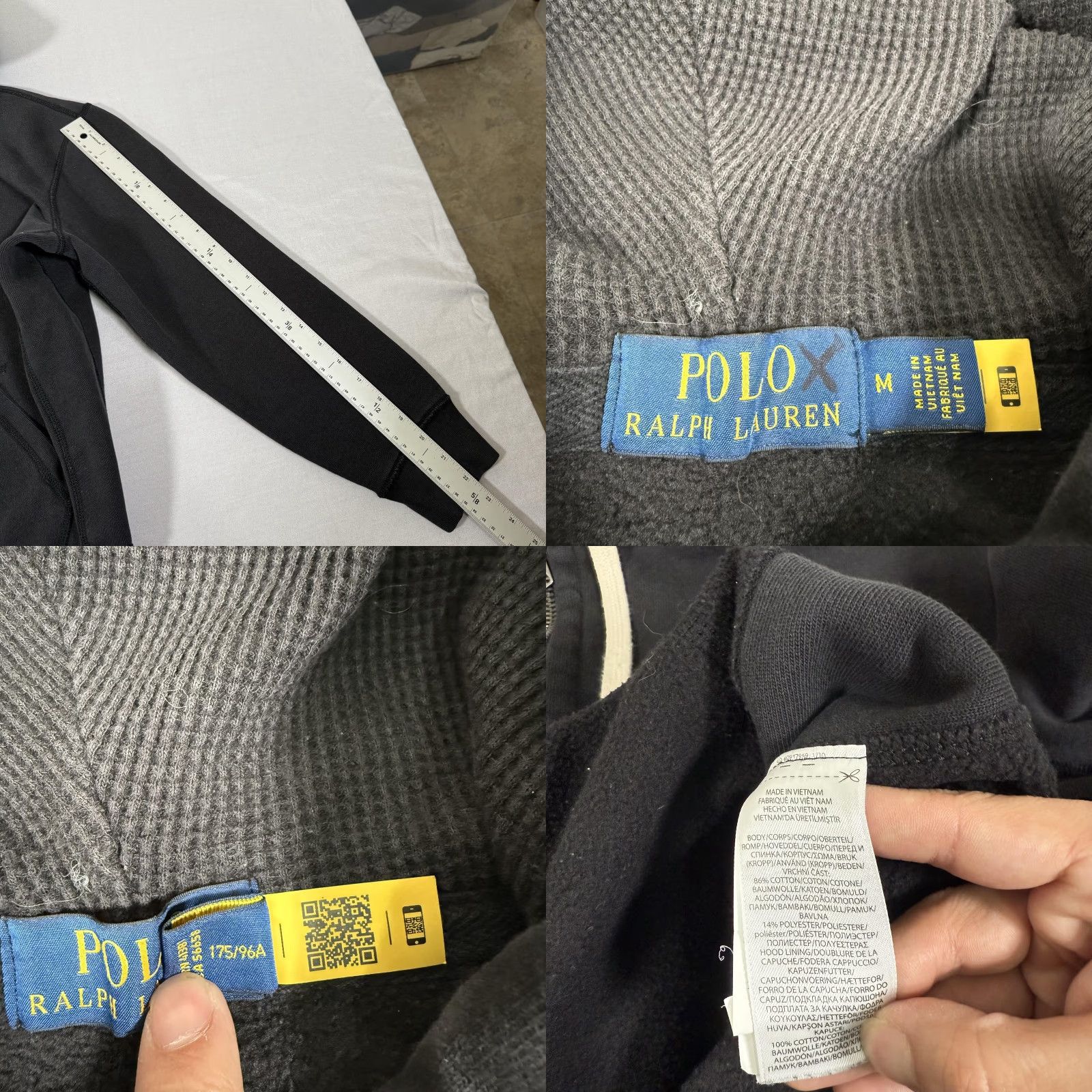 Polo Ralph Lauren Hoodie Mens Medium Black Waffle Thermal Zip Up Sweater Pony