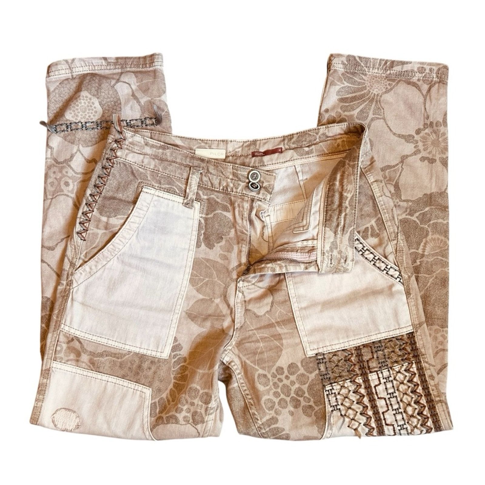 Anthropologie Pilcro Anthropologie Sz 29 Tan Patchwork Embroidered Pants Size 29" - 7 Thumbnail