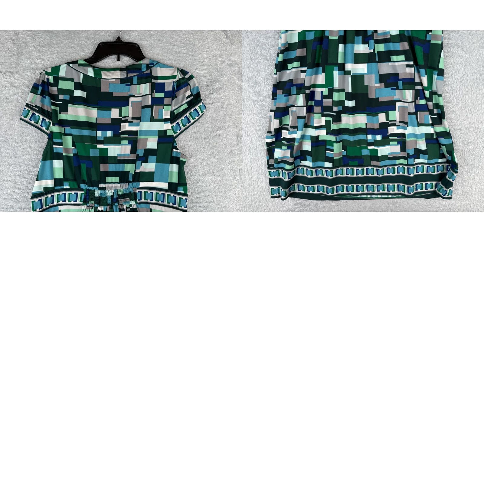 BCBGMAXAZRIA Dress Womens Medium Blue Green Geometric V-Neck Short Sleeve  Sheath 36\" Knit Polyester Fringe - ilac.rochib.com