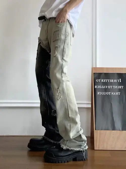 Japanese Brand × Jean High street hip hop contrast patchwork ripped raw edge jeans Size US 32 / EU 48 - 2 Thumbnail