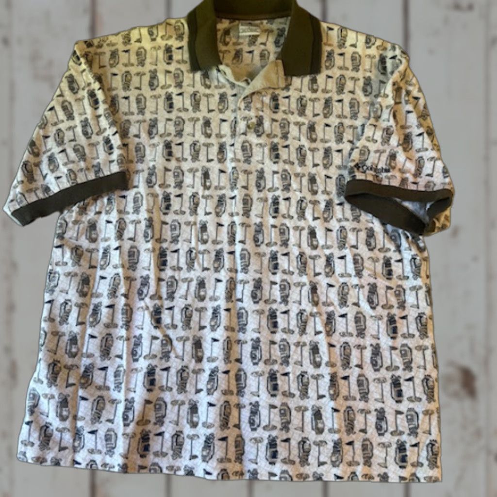 Vintage Columbia Golf Mens Polo Shirt L Beige 100% Cotton Graphic Print Golf Bag Flag Stick Shirt Mens Size US L / EU 52-54 / 3 - 1 Thumbnail