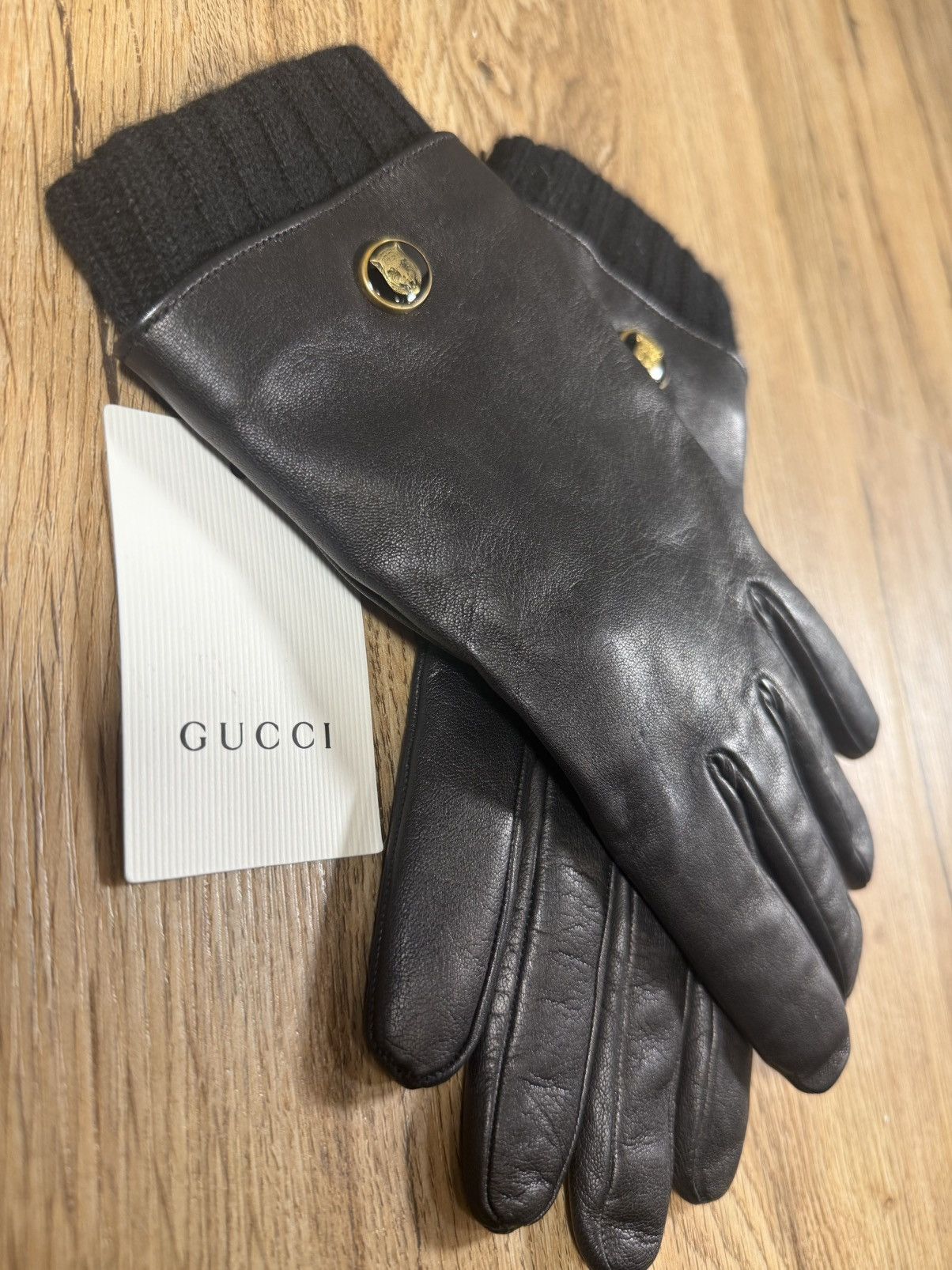 Gucci Gucci Tiger Head Nappa Leather & Cashmere Gloves – Black Size ONE SIZE - 7 Thumbnail