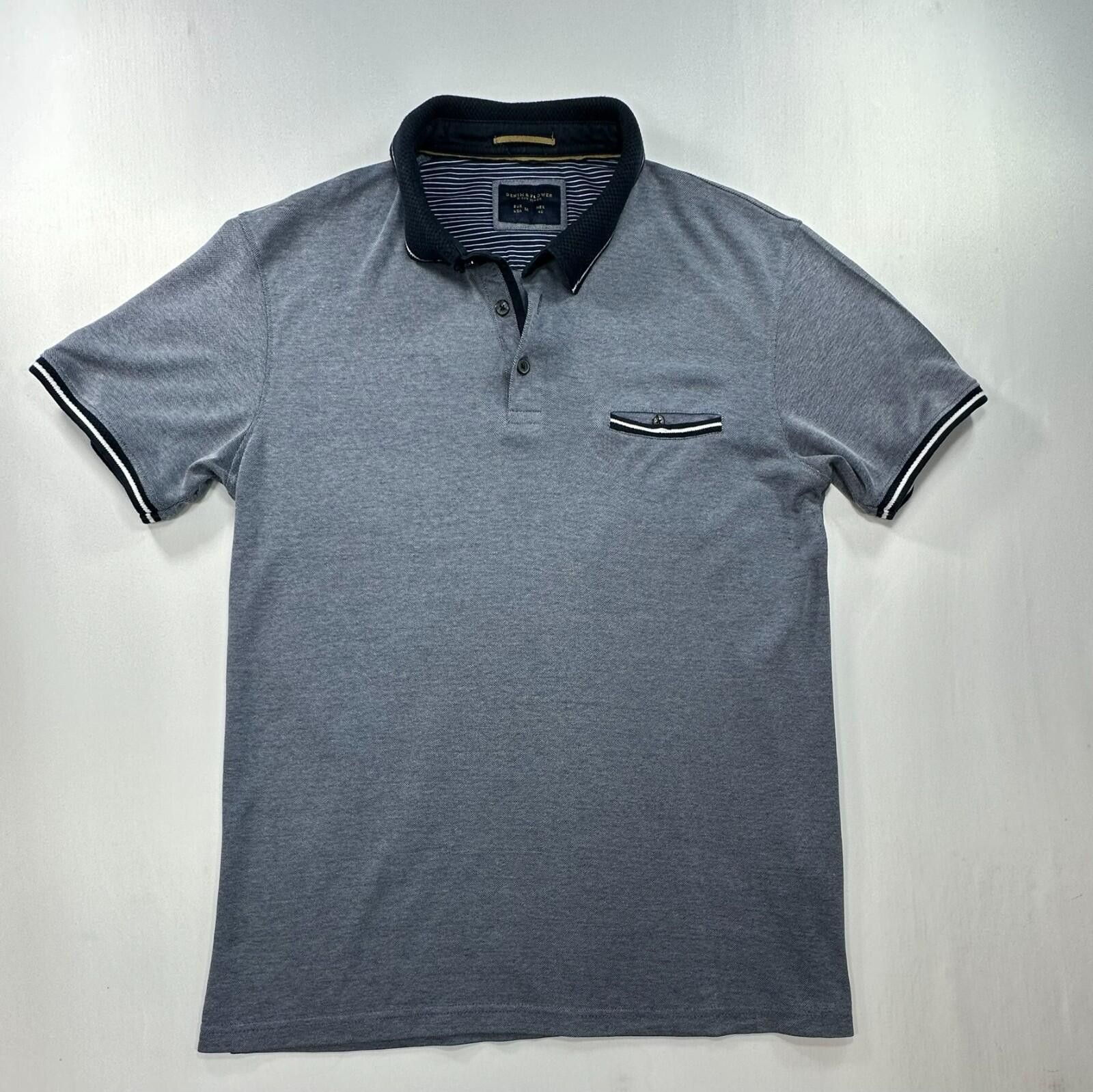 Denim Flower 1/4 Button Striped Polo Shirt Black Mens M