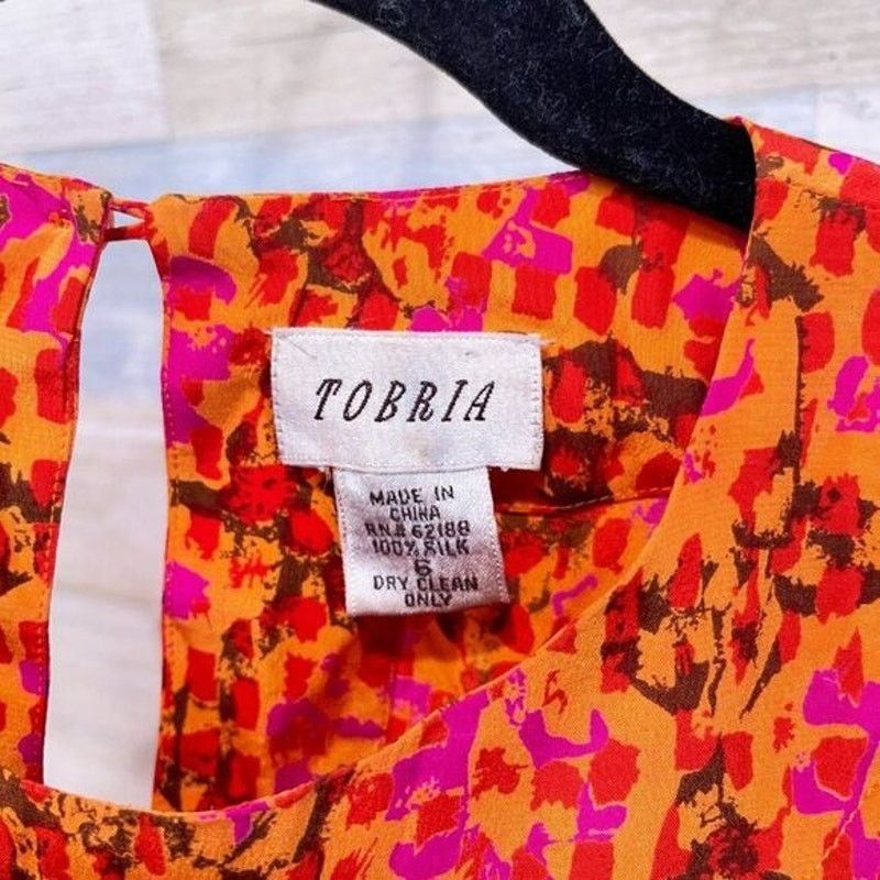 Vintage 100% SILK VINTAGE Abstract Print Top Orange Tobria Womens 6 Size M / US 6-8 / IT 42-44 - 4 Thumbnail