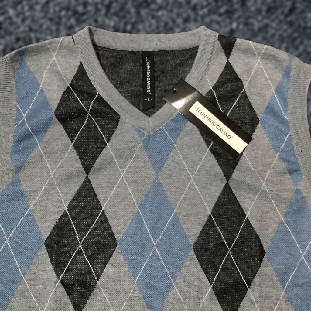 Vintage Leonardo Gavino Sweater Vest L Mens V-Neck Gray Blue Argyle Cotton Golf Size US L / EU 52-54 / 3 - 1 Thumbnail