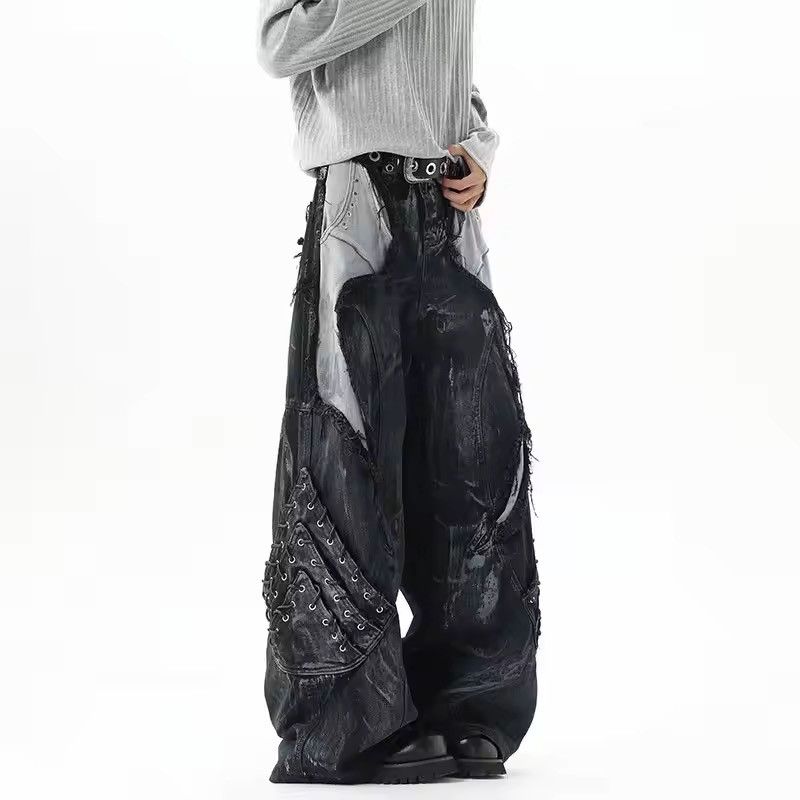Loose Style Patchwork Drawstring Denim Pant