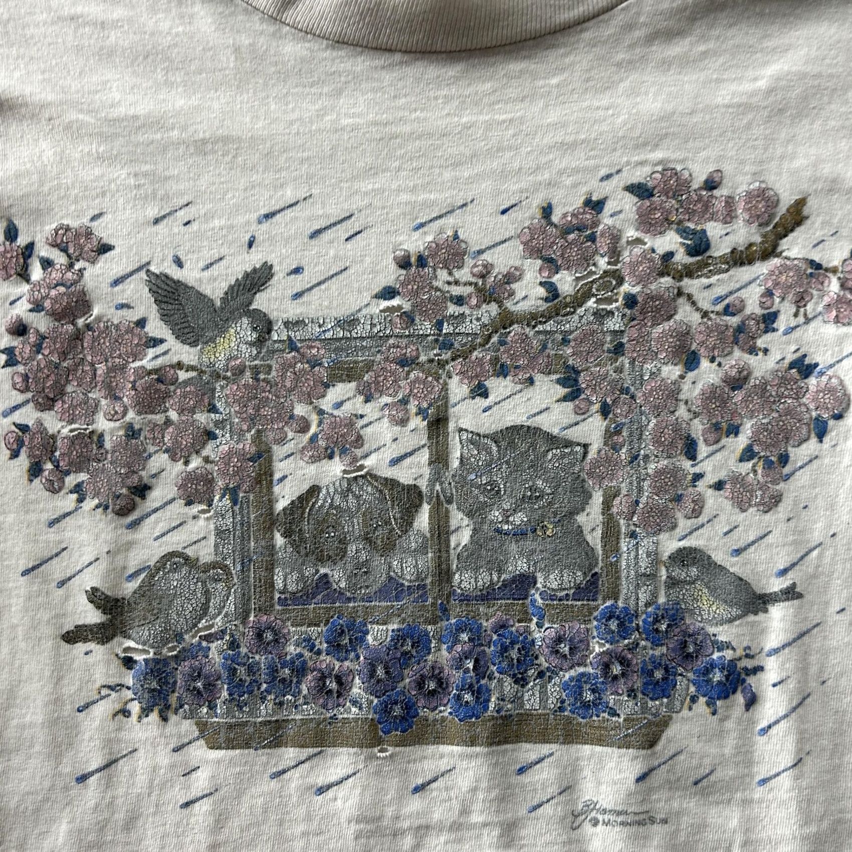 Vintage Vintage Morning Sun White Floral Animals Tee Womens Small Short Sleeve Crew Neck T-Shirt Size S / US 4 / IT 40 - 2 Thumbnail