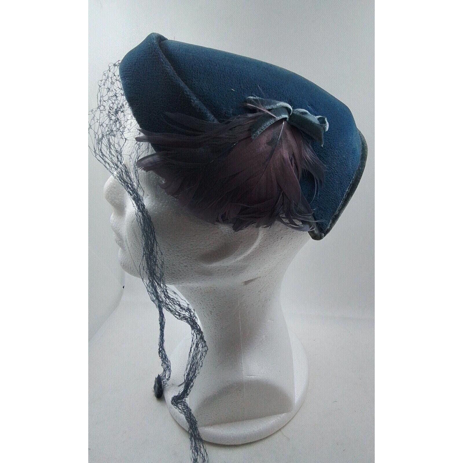 Designer Ladies Blue Felt Hat With Feathers and Light purple Netting Size ONE SIZE - 2 Thumbnail