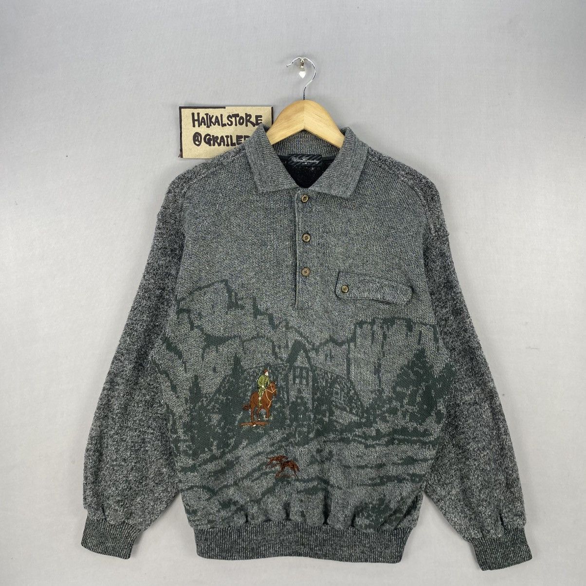 Vintage Wood Country Knit Sweater Cowboy Mountain Scene