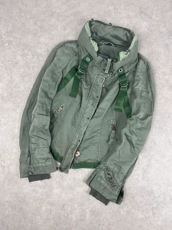 Marithe + Francois Girbaud 2000s Marithé + François Girbaud Olive Flowers Bondage Jacket Size S / US 4 / IT 40 - 4 Thumbnail