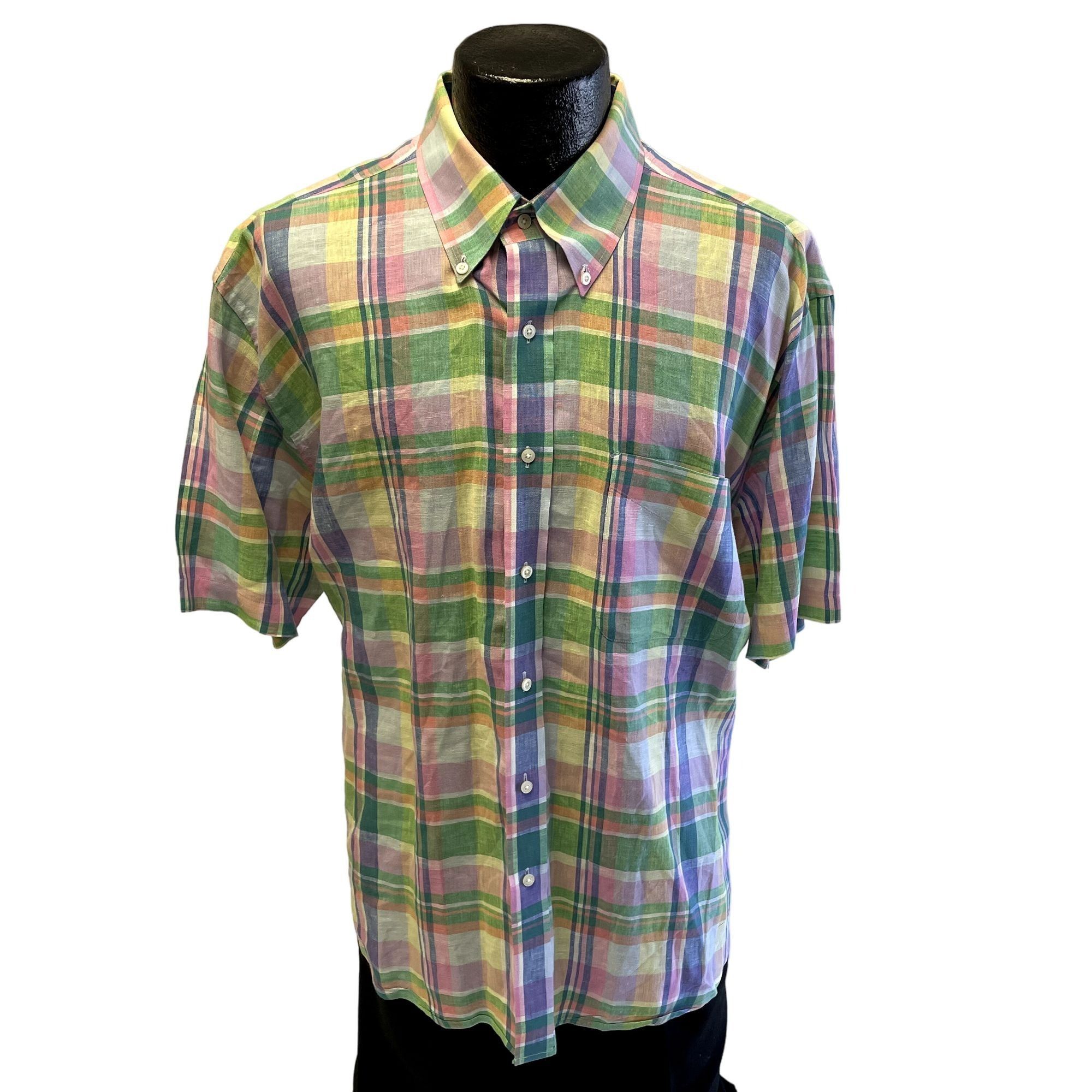 90's Alan Flusser Multicolor PLAID Spring 100% Linen Shirt