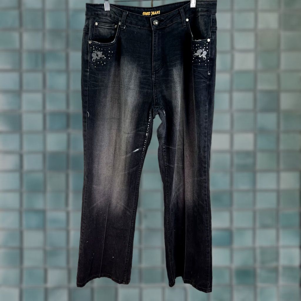 Denime Vintage Crest Jeans Flared Trousers Womens Size 16 Black Embroidered Denim 90s Size 38" / US 16 / IT 52 - 1 Thumbnail