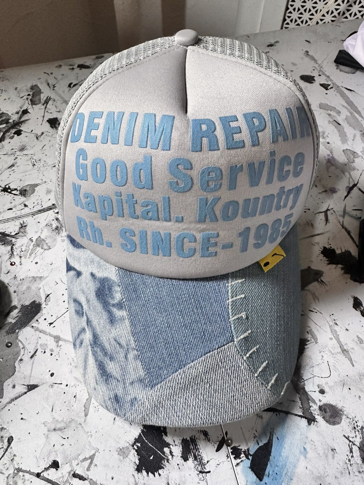 Kapital KAPITAL Kountry Blue/Gray Denim Patchwork Trucker Hat Size ONE SIZE - 1 Thumbnail