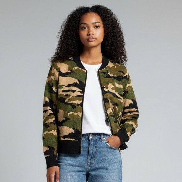 J.Crew J. Crew Camouflage Bomber Knit Merino Wool Blend Jacket Size XS / US 0-2 / IT 36-38 - 1 Thumbnail
